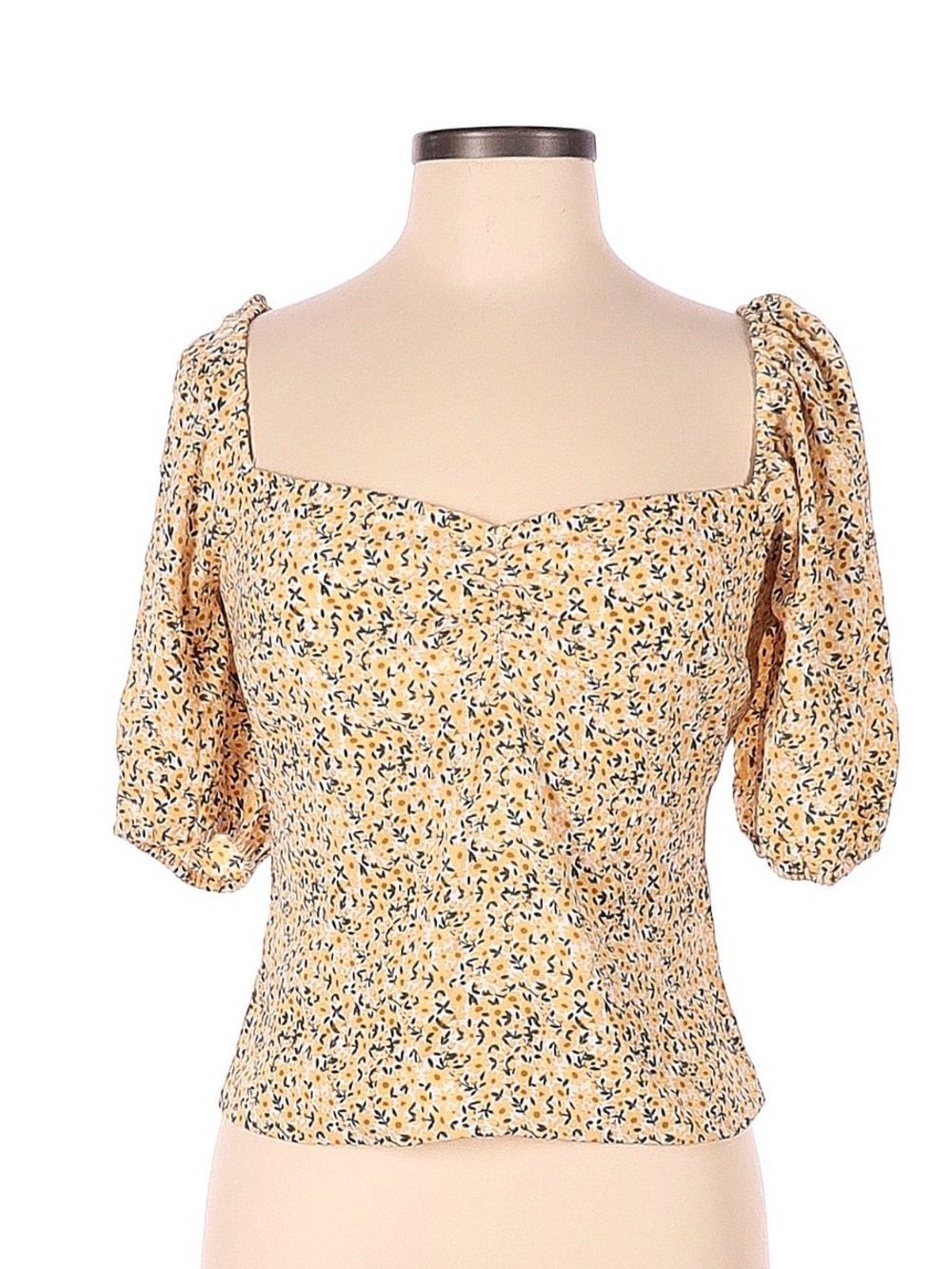 Abercrombie & Fitch Yellow Floral Square-Neck Puff-Sleeve Top